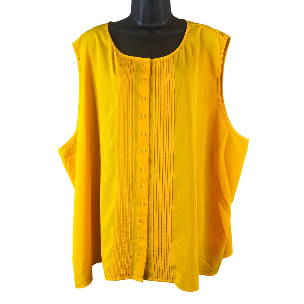 Maggie Barnes Womens Plus Size 32W Yellow Sleeveless Pleated Tuxedo Blouse Top